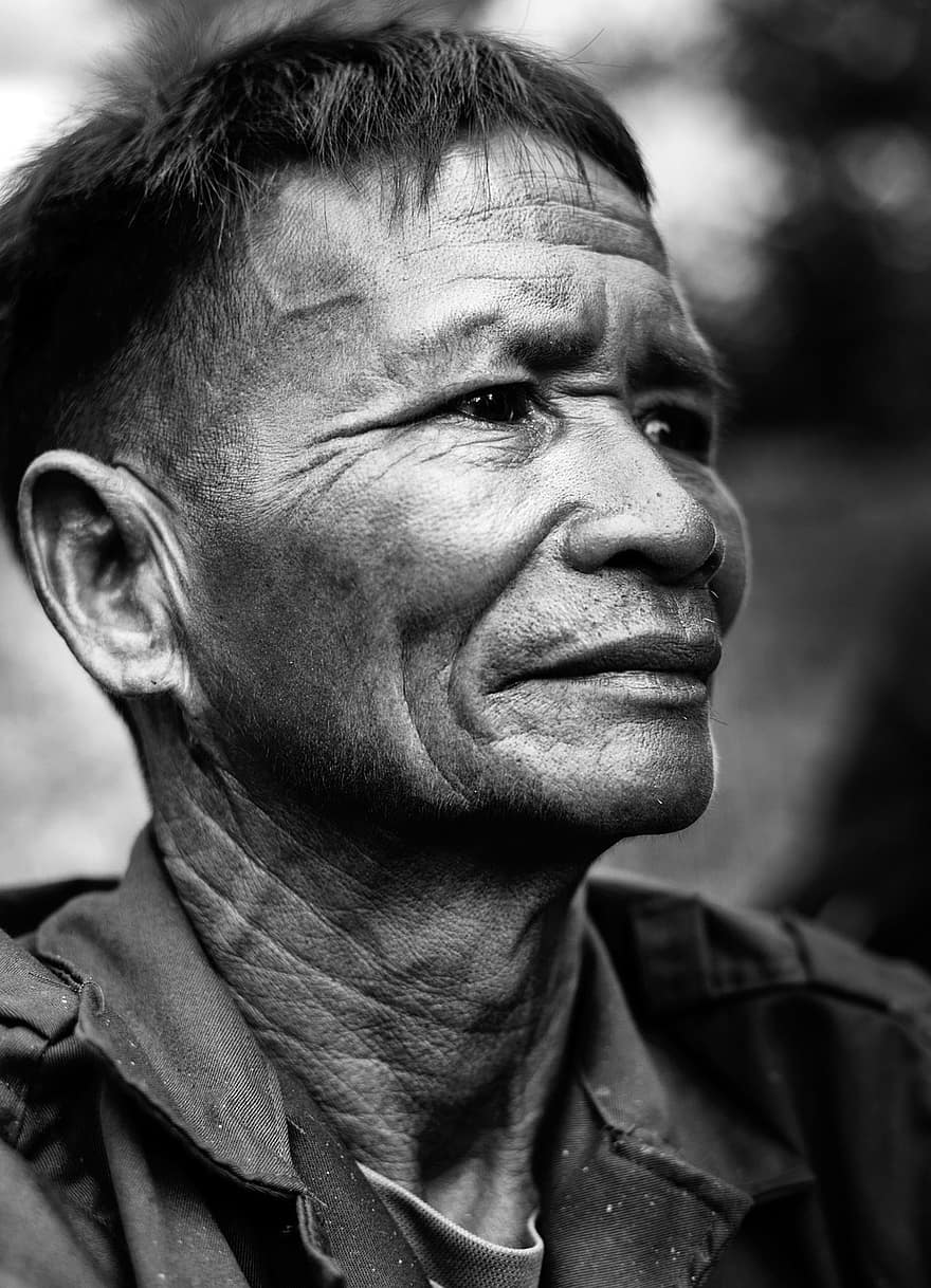 starý muž, Vietnam, portrét, asijské muž, muž, muži, Černý a bílý, jedna osoba, dospělý, samci, usmívající se