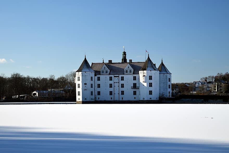 κάστρο, φρούριο, Κτίριο, λιμνούλα, χιόνι, γεμάτο κάστρο, glücksburg, Μεκλεμβούργου