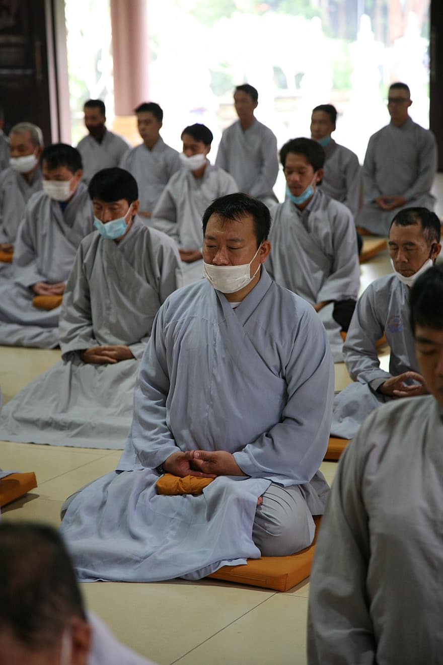 tapınak, meditasyon, insanlar, erkekler, yüz maskesi, geleneksel, Budizm, ibadet, Zen, düşünmek, inanç