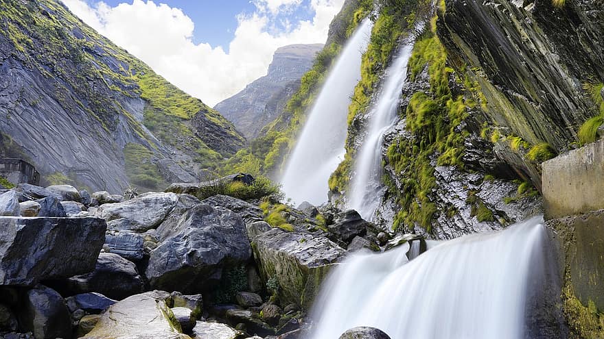 cascate, montagne, natura, fiume, grande cascata, acqua, Islanda, flusso, rocce, paesaggio, fotografia di viaggio