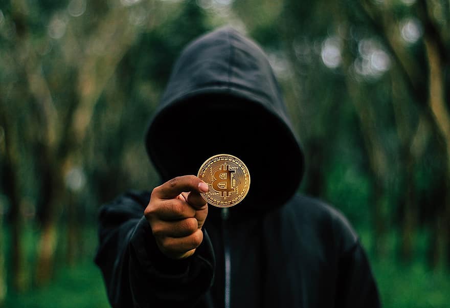 Bitcoin, mynt, hettegenser, mystisk, Mann, penger, kryptovaluta, krypto, digitalt, blockchain, kryptografi