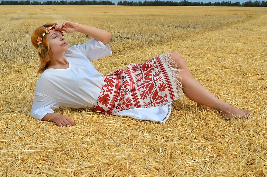 женщина, модель, народный костюм, вышивка, Рубашка, поле, славяне, деревня, ферма, отпуск, Русский народный