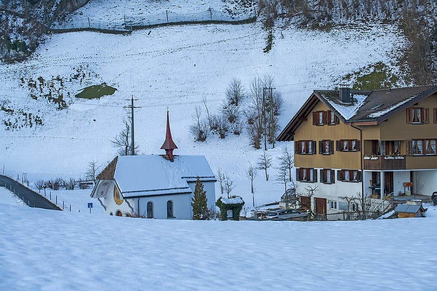 case, sat, iarnă, zăpadă, snowdrift, copaci, cale, rece, îngheţ, Acasă, cabină