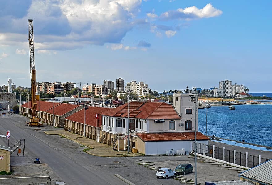 इमारतों, बंदरगाह, नगर, शहरी, आर्किटेक्चर, Famagusta, साइप्रस, काला और सफेद, cityscape, निर्मित संरचना, वाणिज्यिक गोदी