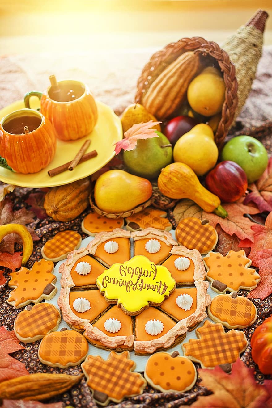 dankzegging, koekjes, pompoentaart, vrolijke Thanksgiving, hoorn, vallen, herfst, toetje, voedsel, snoepgoed, Royal Icing Cookies