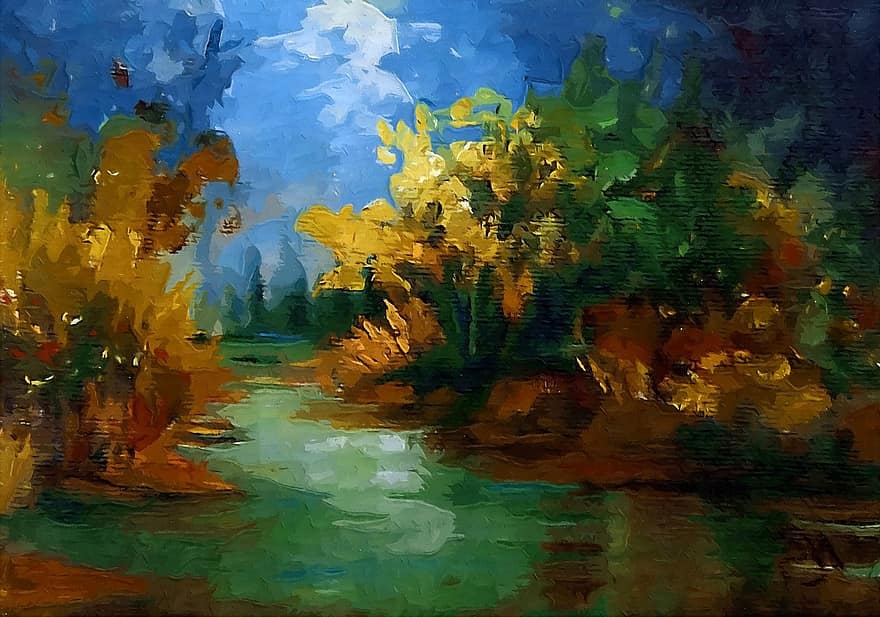 rivier-, een deel, groen, landschap, schilderij, Bos