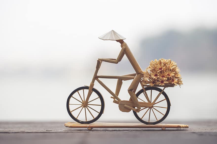 andar en bicicleta, figura, hecho a mano, vietnamita, bicicleta, entrega, las flores, miniatura, de madera