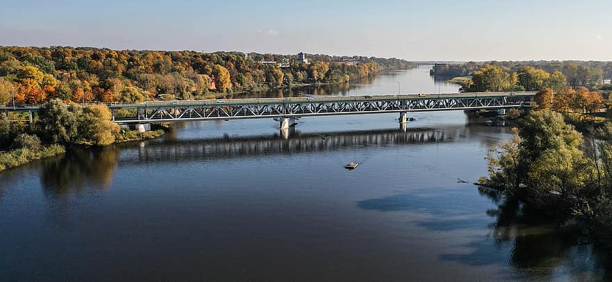 puente, río, barcos, arboles, bosque, fortaleza, Narev, Modlin, en nowy dwór mazowiecki