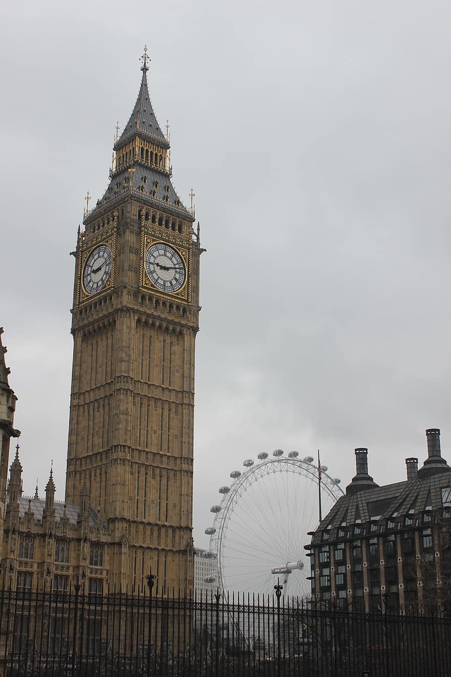 Londyn, Big Ben, wieża, wieża zegarowa, zegar, architektura, sylwetka na tle nieba, budynek, diabelski młyn, Budynki, sławny