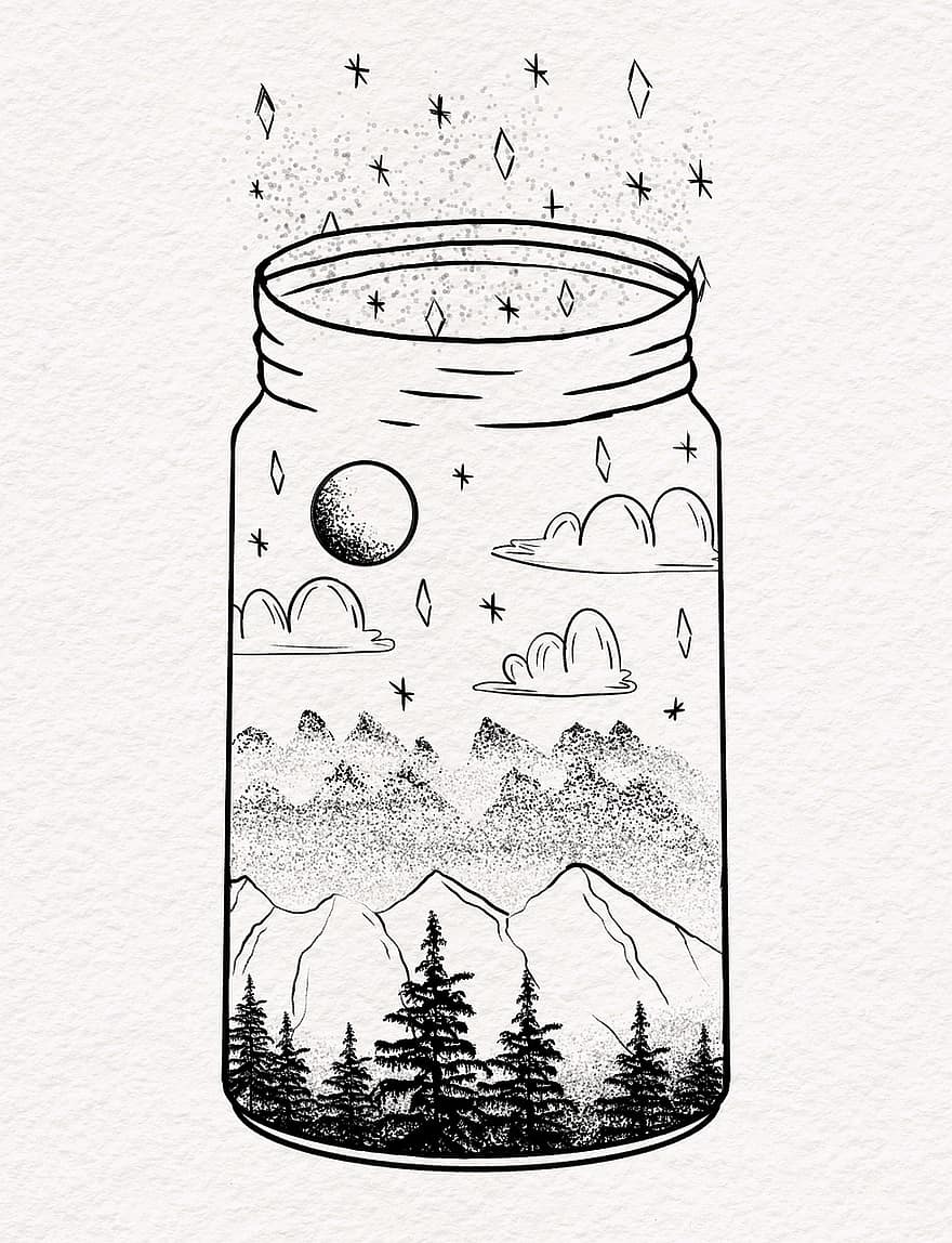 sklenice, měsíc, hora, mraky, strom, hvězd, inkoust, černobílý, tečkovat, tečky, vektor
