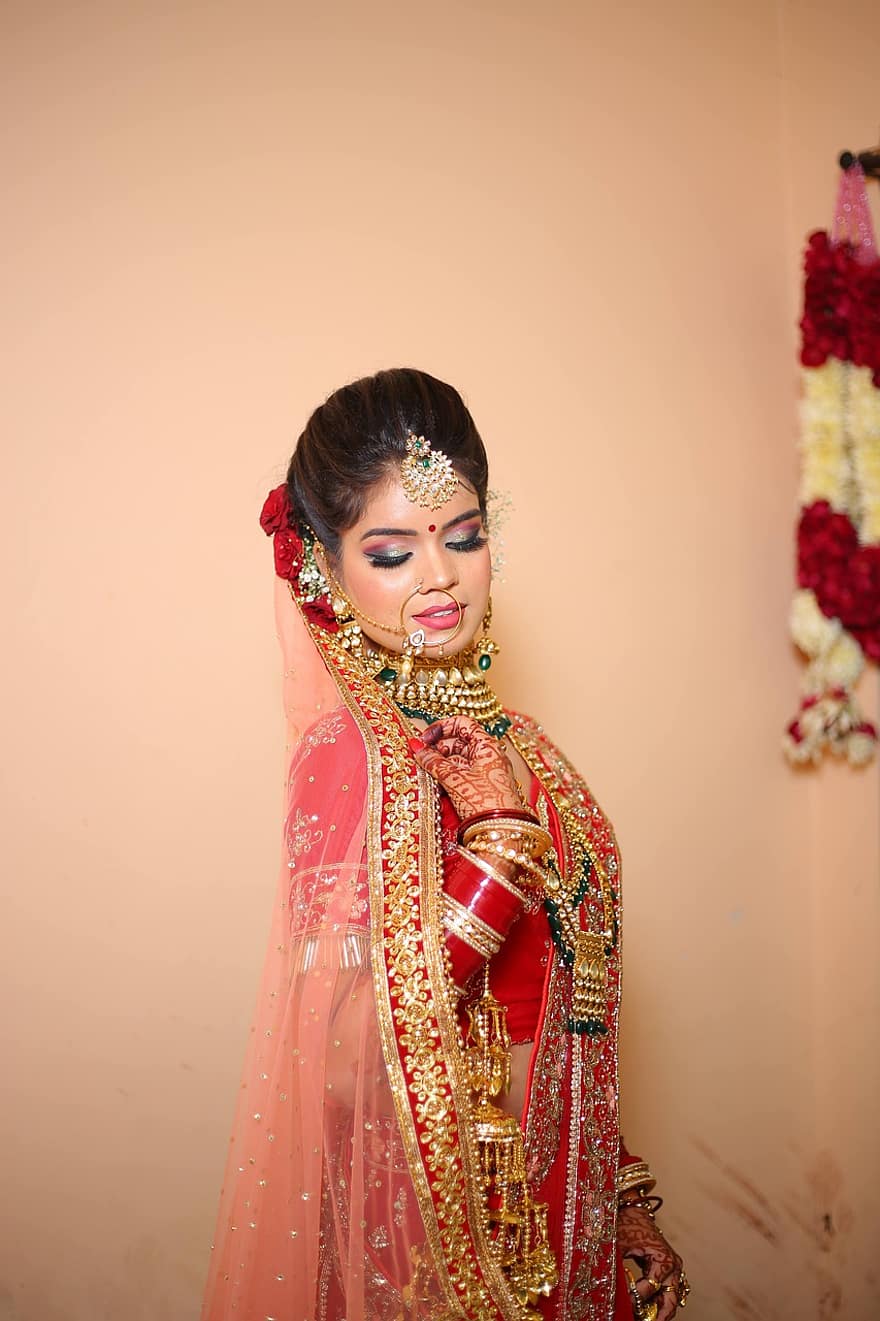 indyjski, kobieta, panna młoda, indyjska kobieta, moda, Moda indyjska, Akcesoria, akcesorium, indyjska panna młoda, związek małżeński, ślub
