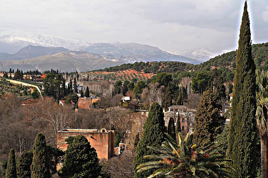 granada, alhambra, andalusia, Spanyol, pemandangan, benteng, cemara, pohon, gunung, Arsitektur, perjalanan
