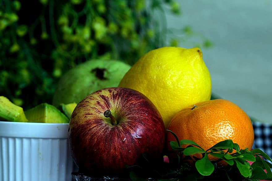 gyümölcsök, organikus, egészséges, táplálás, vitaminok, citrom, alma, narancs, gujávafa, gyümölcs, frissesség