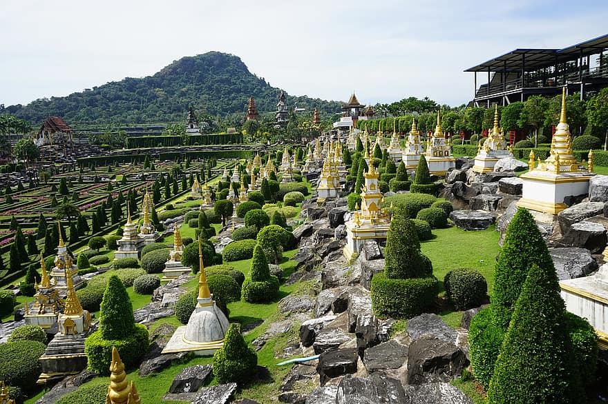 kert, fák, sziklák, dekoráció, idegenforgalom, Pattaya, Nongnok falu