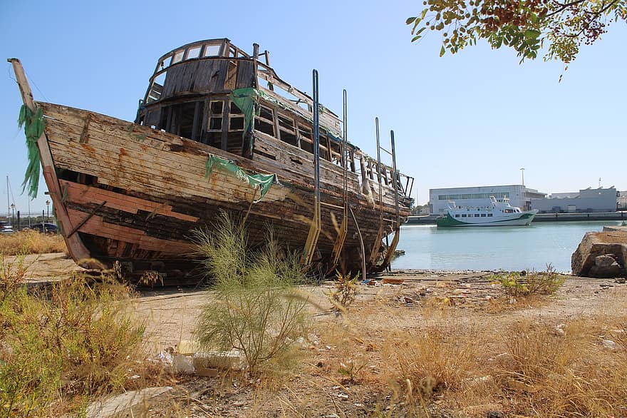 båd, motor skib, forladt, katamaran, flod, Cadiz