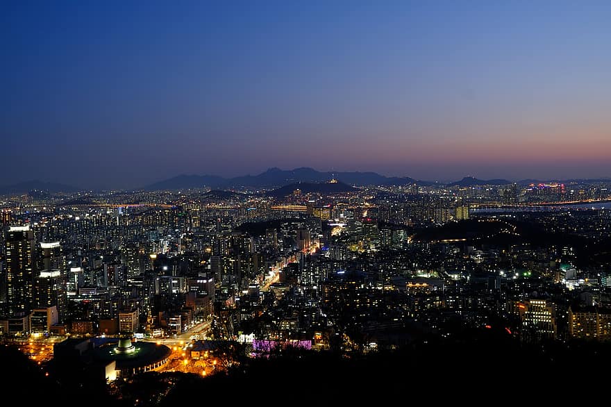 tramonto, Seoul, città, vista notturna, notte, paesaggio urbano, crepuscolo, skyline urbano, illuminato, posto famoso, architettura