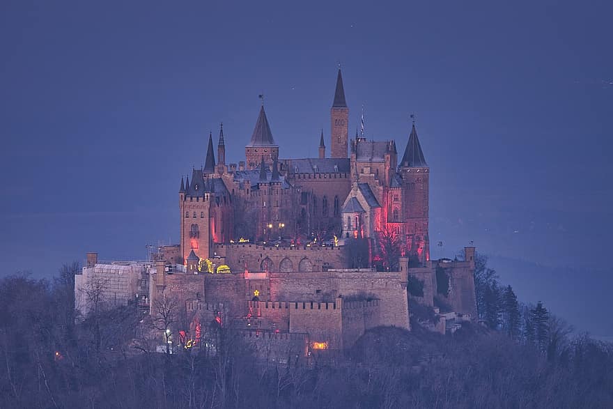 Hohenzollern, Winter, Beleuchtung, kalt, sublimieren, Nebel, Wahrzeichen, Nacht-, berühmter Platz, die Architektur, Geschichte