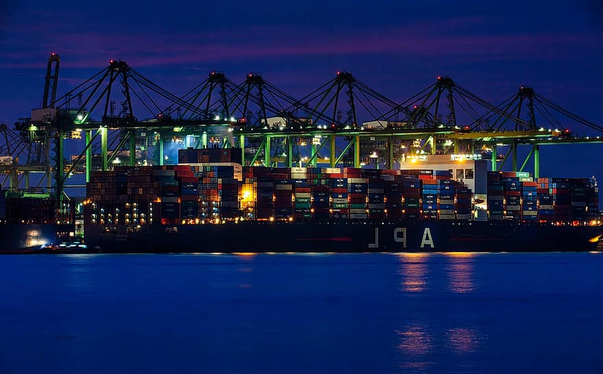 hamn, lastfartyg, kranar, natt, containerfartyg, transport, behållare, frakt, fartyg, lampor, vatten