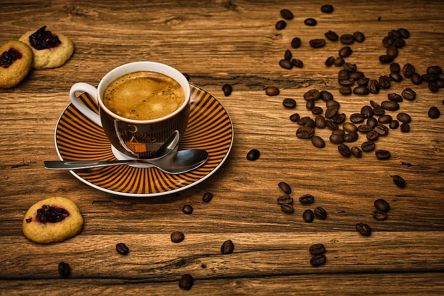 kaffe, espresso, kopp, kaffekopp, kopp kaffe, kaffebönor, småkakor, Kafé, kaffepaus, bönor, dryck