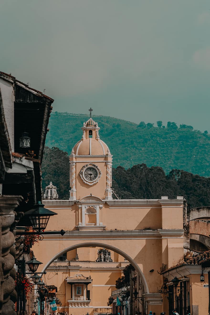 Santa Catalina Arch, Antigua, Landmark, Arch, Clock Tower, Guatemala, City, Historical, Architecture, famous place, christianity
