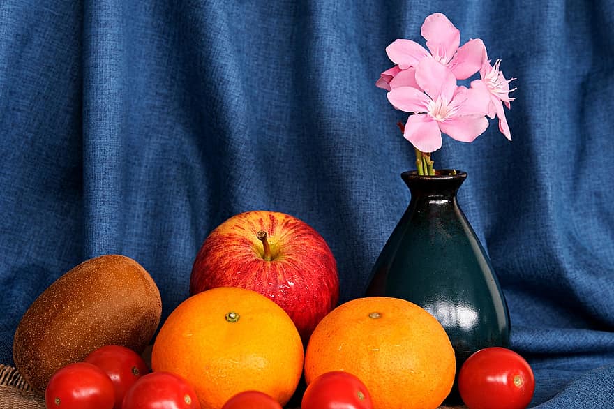 fruita, decoració, fruites, tomàquet, baladre, taronja