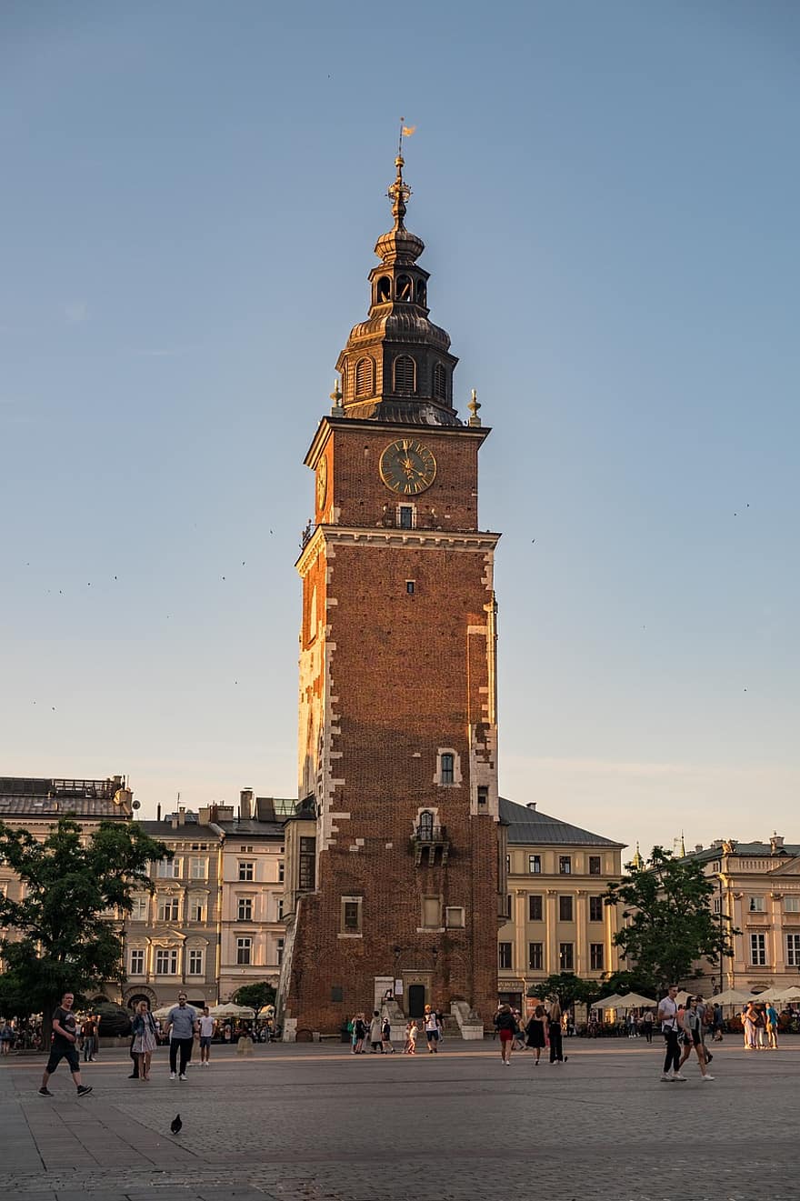 krakow, Balai Kota, Polandia, menara, bangunan, menara Jam, kotak, alun-alun kota, fasad, gedung, tua