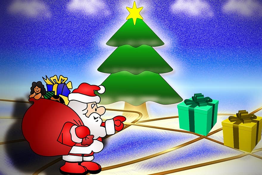 サンタクロース、モミの木、贈り物、12月、クリスマス、出現、祭り、クリスマスショッピング、与える、冬