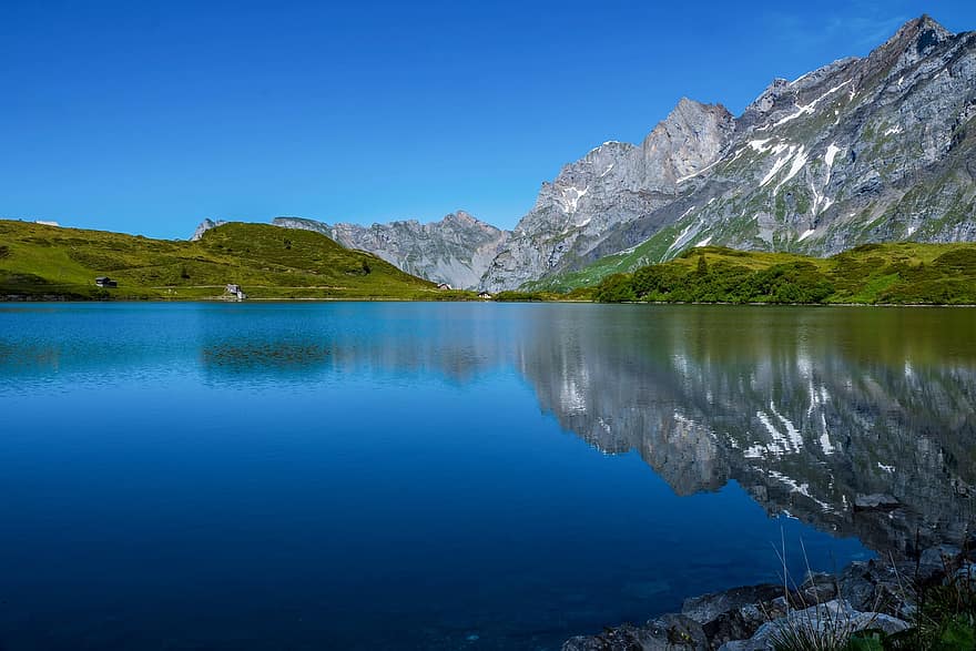 Trüebsee, Titlis, Schweiz, panorama, alpine, landskab, bjerge, sø, vandring, vandretur, Bergsee