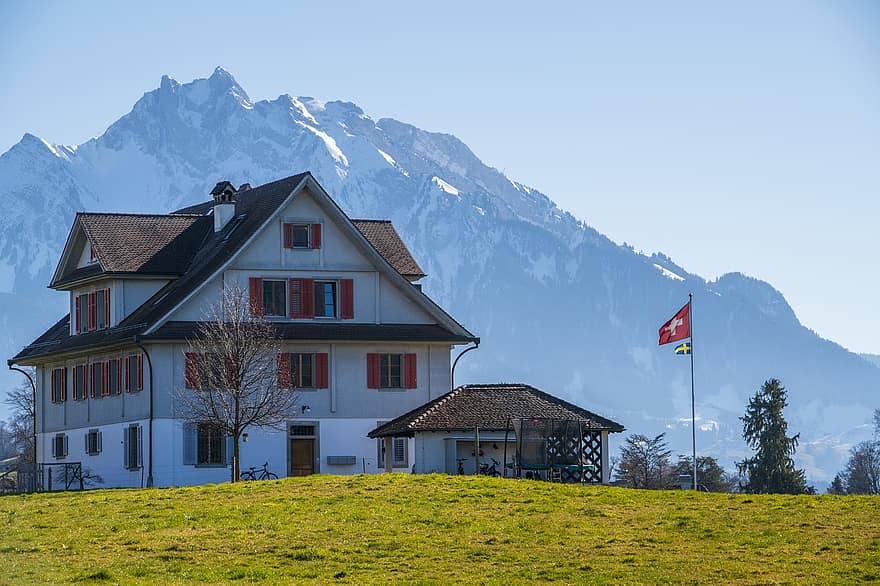 House, Mountain, Meggen, Switzerland, Flag, Flagpole, Lawn, Building, Facade, architecture, rural scene
