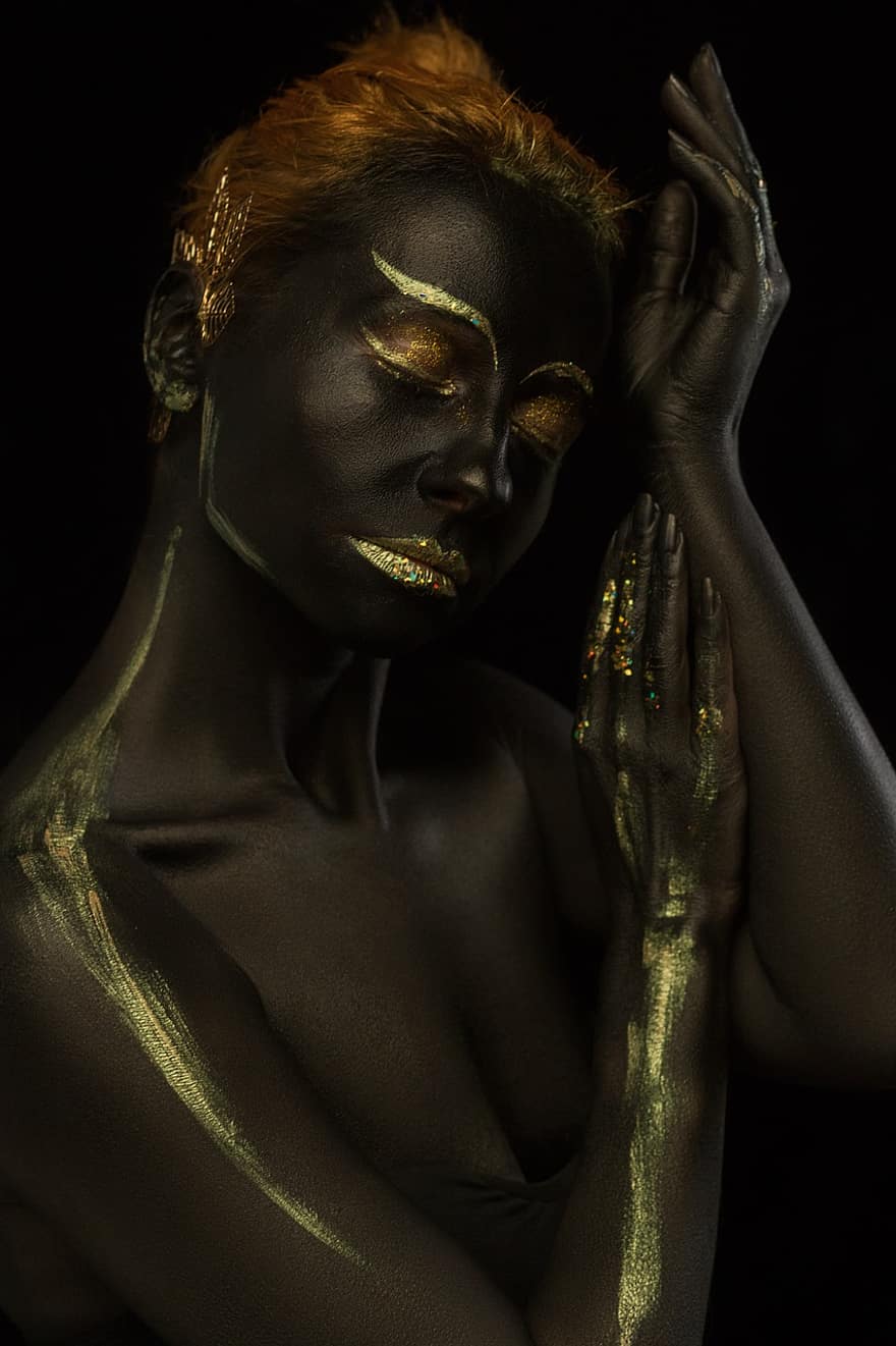 makeup, malování na tělo, portrét, dívka, Modelka, zlato, vodní make-up, tmavá kůže, africký styl, umění těla, půvab