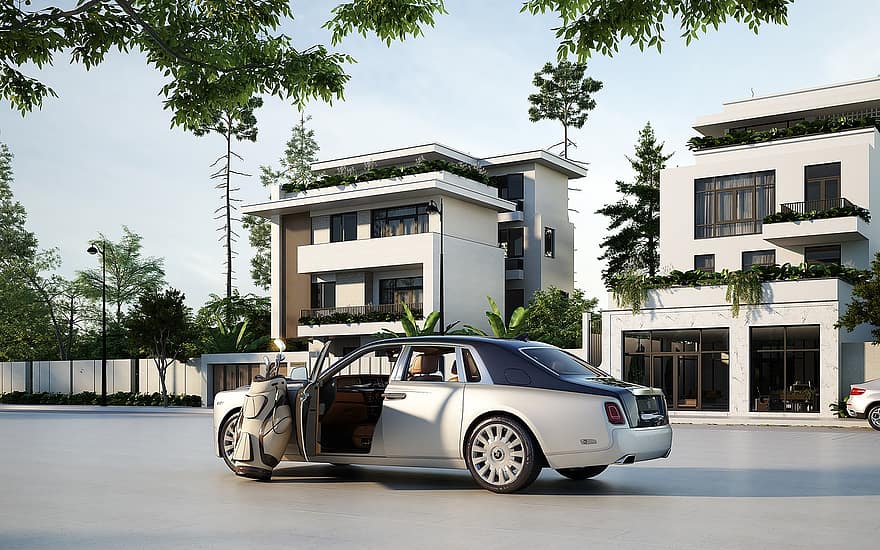 Rolls Royce, villa, lyx, hus, arkitekt, byggnad, arkitektur, bil, transport, byggnad exteriör, modern