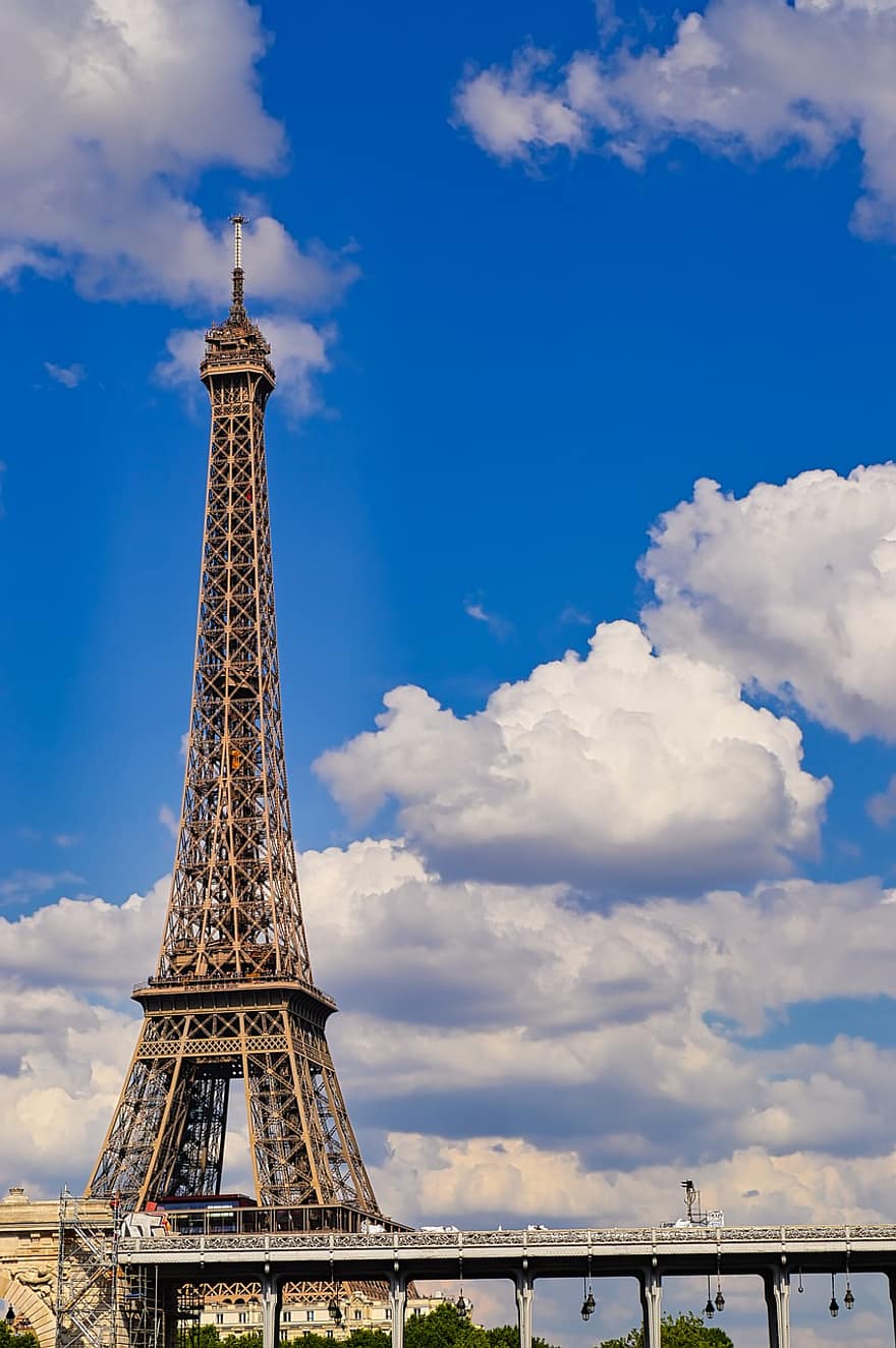 Eifeļa tornis, tornis, arhitektūra, debesis, mākoņi, orientieris, Parīze