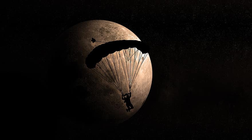 paraşuta, lună, aventură, noapte, paraşutist, bărbați, spaţiu, zbor, sporturi extreme, întuneric, sportiv