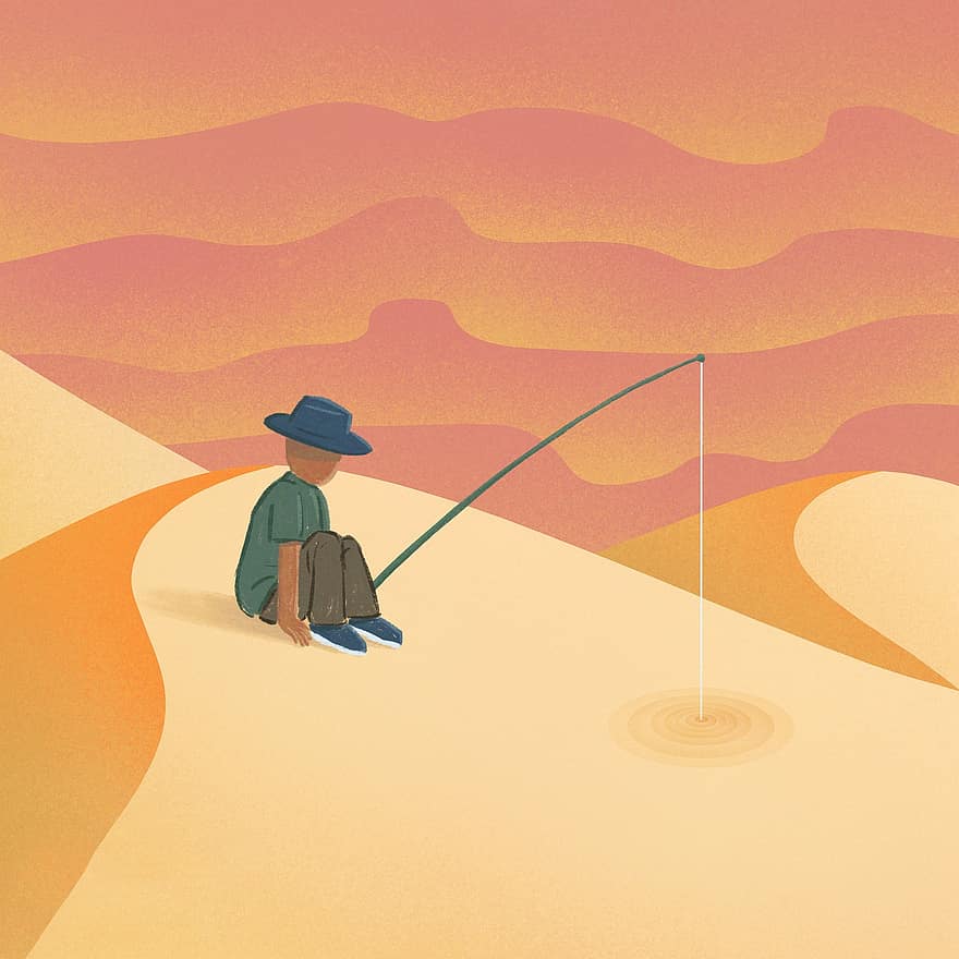 Desierto, hombre, pescar, caña de pescar, pescador, dunas de arena, Sáhara, surrealista, imaginación, sueño, fantasía