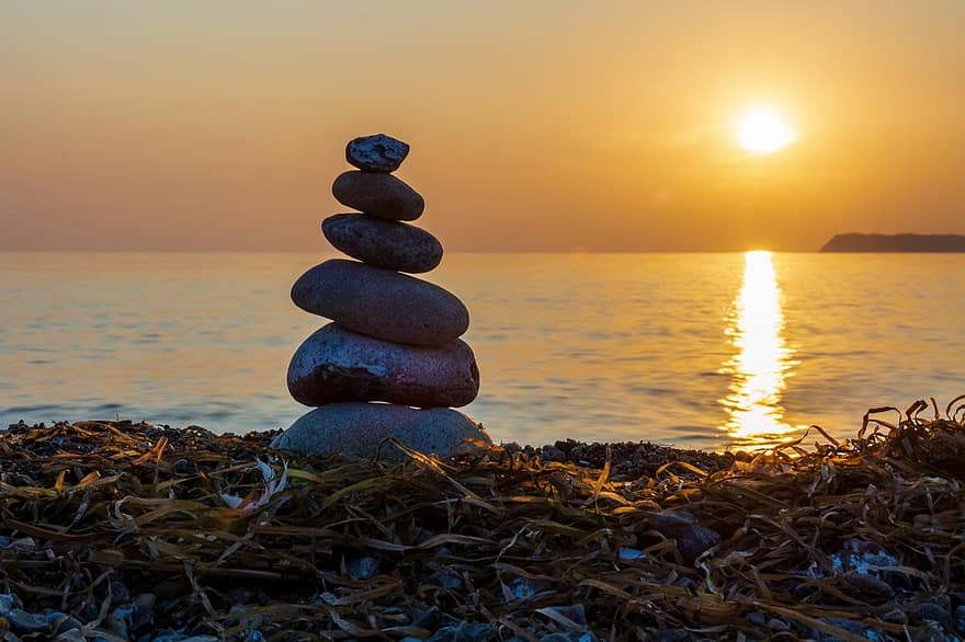 batu, keseimbangan, matahari terbenam, laut, pantai, tumpukan, relaksasi, adegan yang tenang, musim panas, kerikil, air