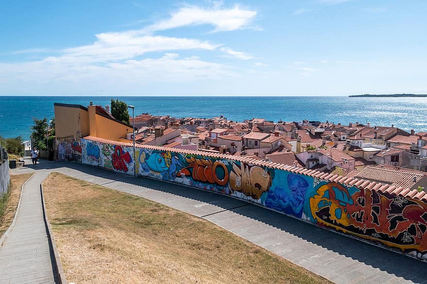 grafite, Cidade resort, piran, eslovénia, Cidade, mar, arquitetura, verão, azul, culturas, viagem