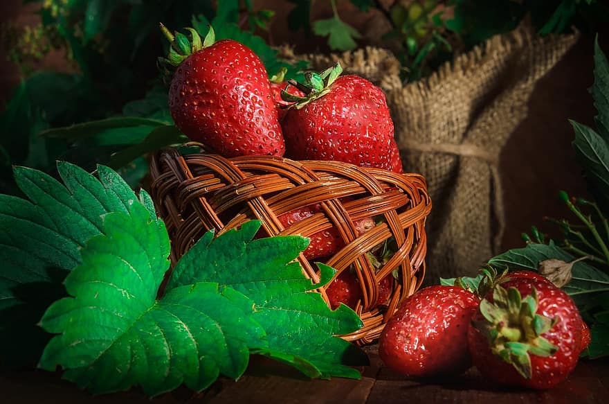 frukt, jordbær, organisk, sunn, bær, vitaminer, friskhet, blad, mat, nærbilde, moden
