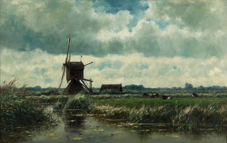 Willemas Roelofsas, srautas, vanduo, atspindžiai, vėjo malūnas, menas, meninis, tapyba, aliejus ant drobės, meniškumas, kraštovaizdį
