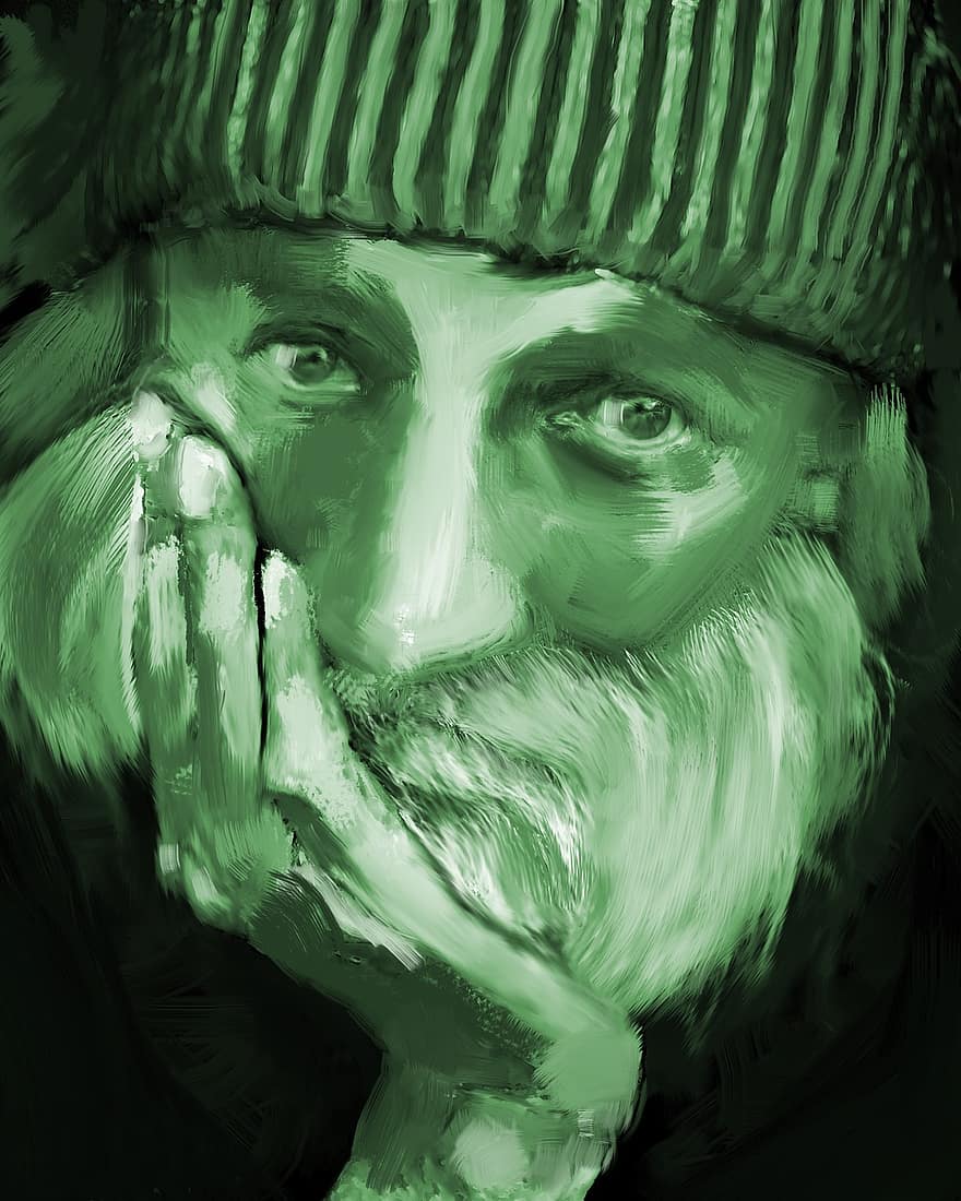 The Old Man In The Green, The Illustration Is In Gouache, Man, Elderly, Face, Male, Each, People, Hat, Hair, Senior