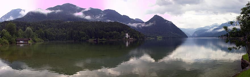 lago, montanhas, Áustria, panorama, Grundlsee, Estiria, salzkammergut, natureza, montanha, agua, floresta