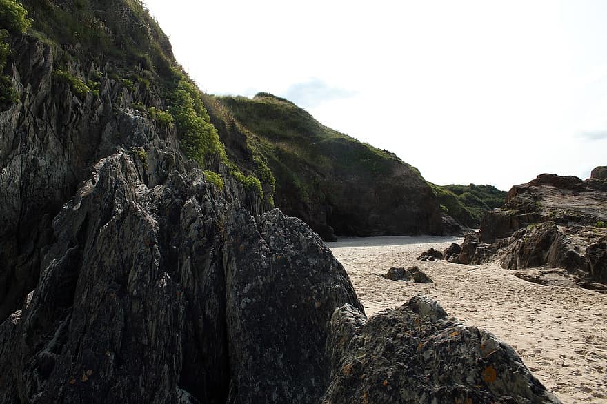 formacje skalne, plaża, Irlandia, lato, krajobraz