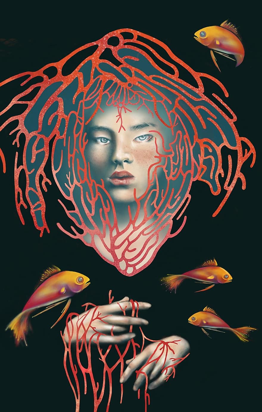 nő, hal, korall