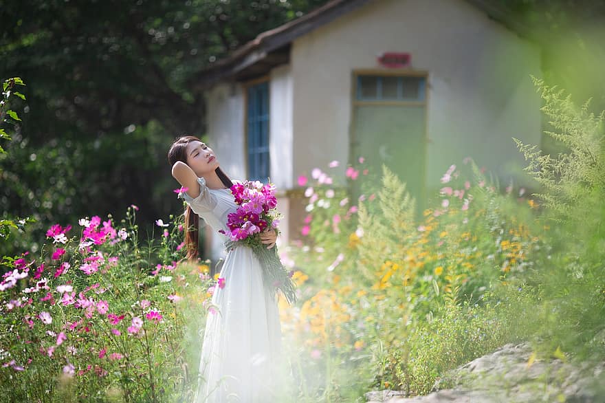 Woman, Flowers, Flower Garden, Cottagecore, Cabin, Summer, Nature
