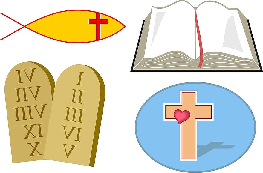 keresztény, kereszténység, vallás, vallási, hit, ikonok, készlet, Biblia, kereszt, Tízparancsolat, szent