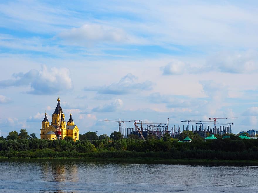 città, fiume, viaggio, turismo, Nizhny Novgorod, architettura, blu, cristianesimo, acqua, posto famoso, estate