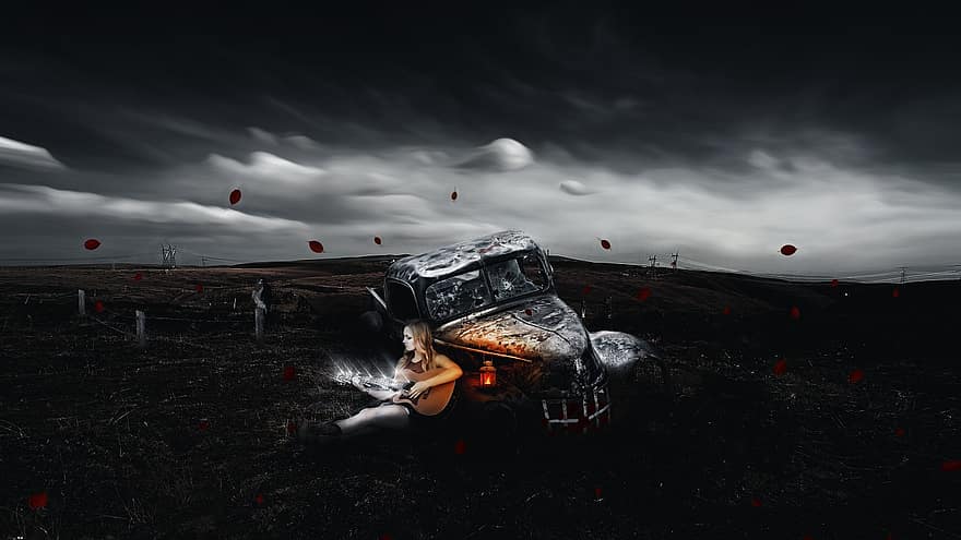 samochód, pole, kobieta, niebo, stary, zniszczony, ciemny