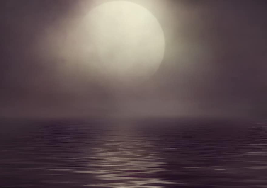 البحر ، القمر ، ضباب ، ضوء القمر ، ليل ، البدر ، الصورة الخلفية ، حكاية خيالية ، إضاءة ، المشاعر ، حزين