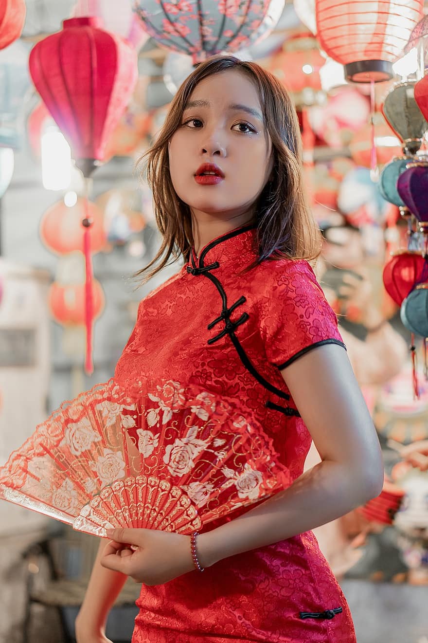pike, modell, qipao, Qipao kjole, cheongsam, Tradisjonell kinesisk kjole, tradisjonell slitasje, tradisjonelle klær, vakker, ganske, kvinne