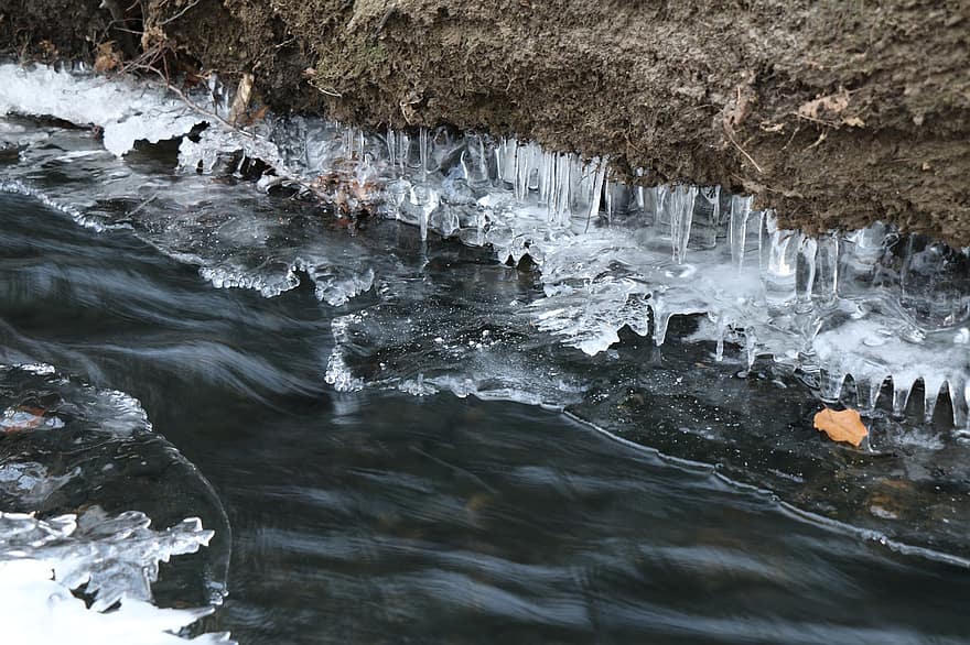 aliran, es, paparan panjang, anak sungai, mengalir, air mengalir, air, buram, beku, Es, embun beku