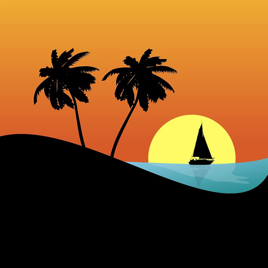 захід сонця, острів, човен